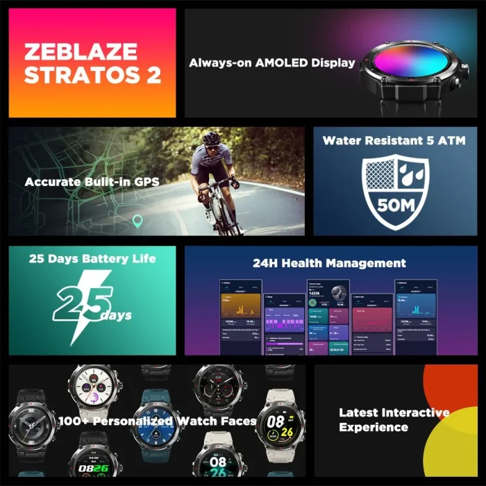 Zeblaze Stratos 2 GPS Smart Watch AMOLED Display 24h Health Monitor 5 ATM Long Battery Life Smartwatch for Men - Image 2
