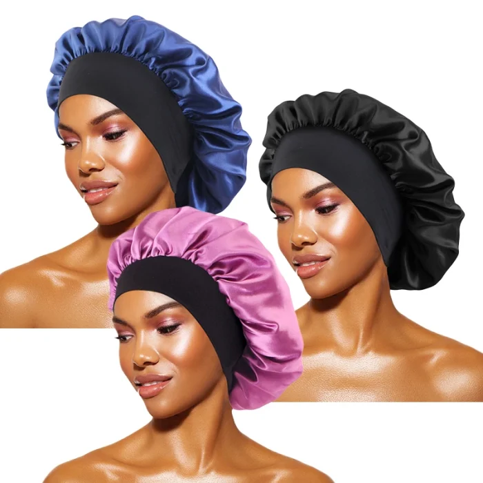 Women's Satin Solid Bonnets Wide-brimmed Night Sleeping Bathing Hat Unisex Head Wrap Elastic Band Cap Hair Care Bonnet - Image 8
