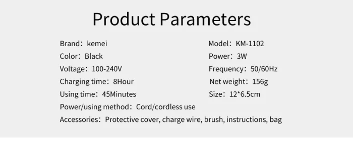 Kemei Rechargeable Cordless Shaver for Men Twin Blade Reciprocating Beard Razor Face Care Multifunction Strong Trimmer KM-1102 - Image 16