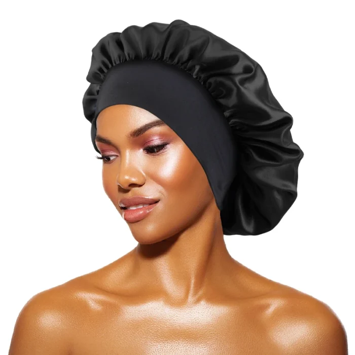 Women's Satin Solid Bonnets Wide-brimmed Night Sleeping Bathing Hat Unisex Head Wrap Elastic Band Cap Hair Care Bonnet - Image 5