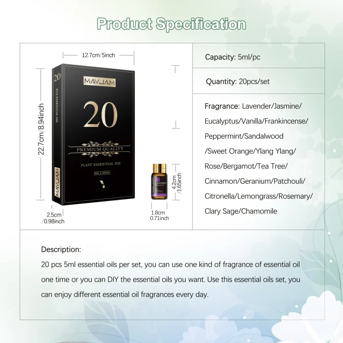 MAYJAM Pure Natural Essential Oils 20pcs Kits Gift Box Sandalwood Lemongrass Lavender Bergamot Eucalyptus Rosemary For Diffuser - Image 5
