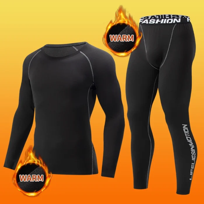 2-piece men's tight warm long-sleeved trousers suit for autumn and winter men's fitness pants shirt running yoga athletes' sport - Image 2