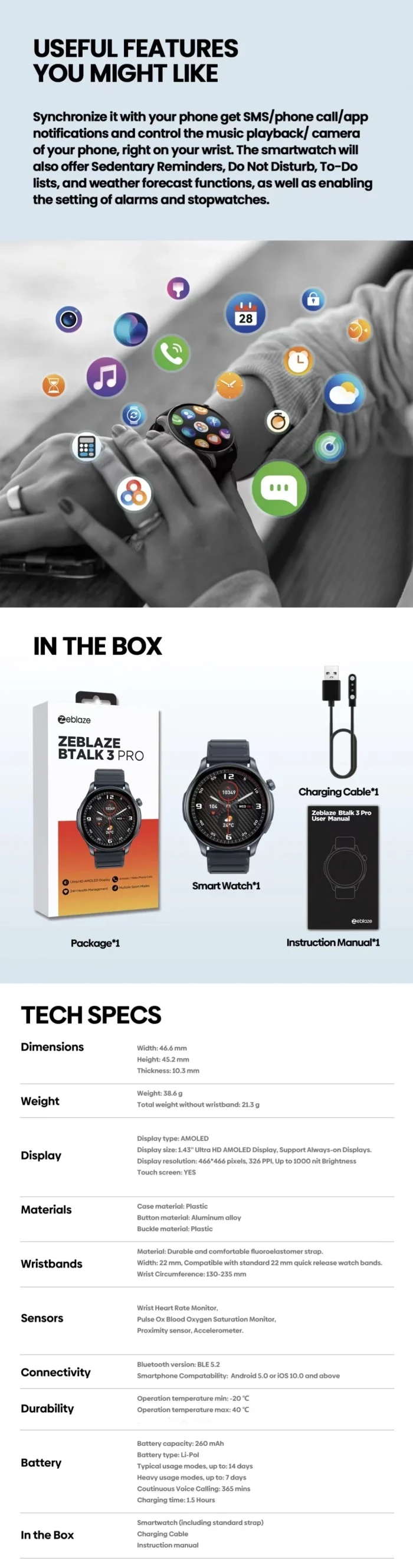 New Zeblaze Btalk 3 PRO 1.43" AMOLED Display Smart Watch Bluetooth Phone Callings Health and Fitness Tracking Smartwatch - Image 14