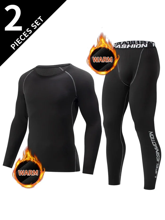 2-piece men's tight warm long-sleeved trousers suit for autumn and winter men's fitness pants shirt running yoga athletes' sport - Image 8