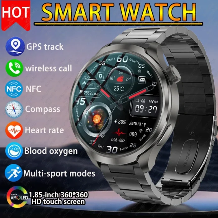 New 1.85"AMOLED HD Smart Watch Men GPS Outdoor Sports Compass Waterproof Watches NFC Health Monitor Bluetooth Call Smartwatch