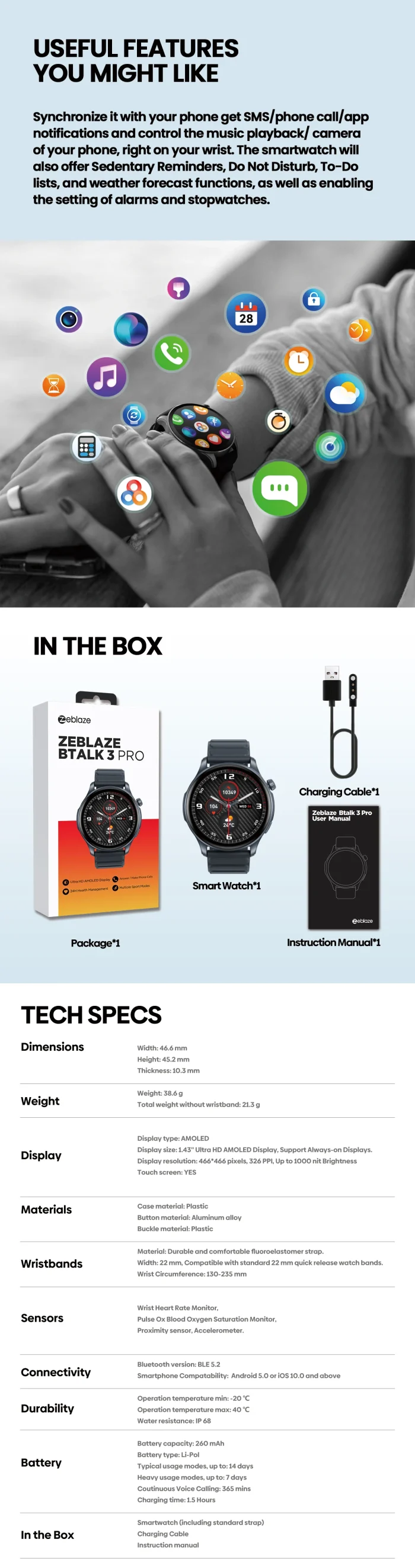 [2024 World Premiere] Zeblaze Btalk 3 Pro Smart Watch AMOLED Display Hi-Fi Bluetooth Phone Calls Health and Fitness Tracking - Image 14