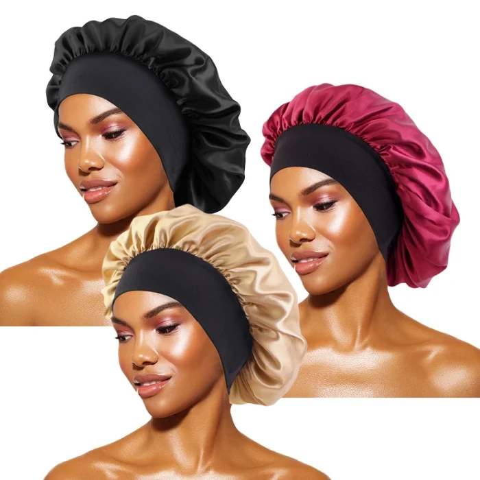 Women's Satin Solid Bonnets Wide-brimmed Night Sleeping Bathing Hat Unisex Head Wrap Elastic Band Cap Hair Care Bonnet - Image 24