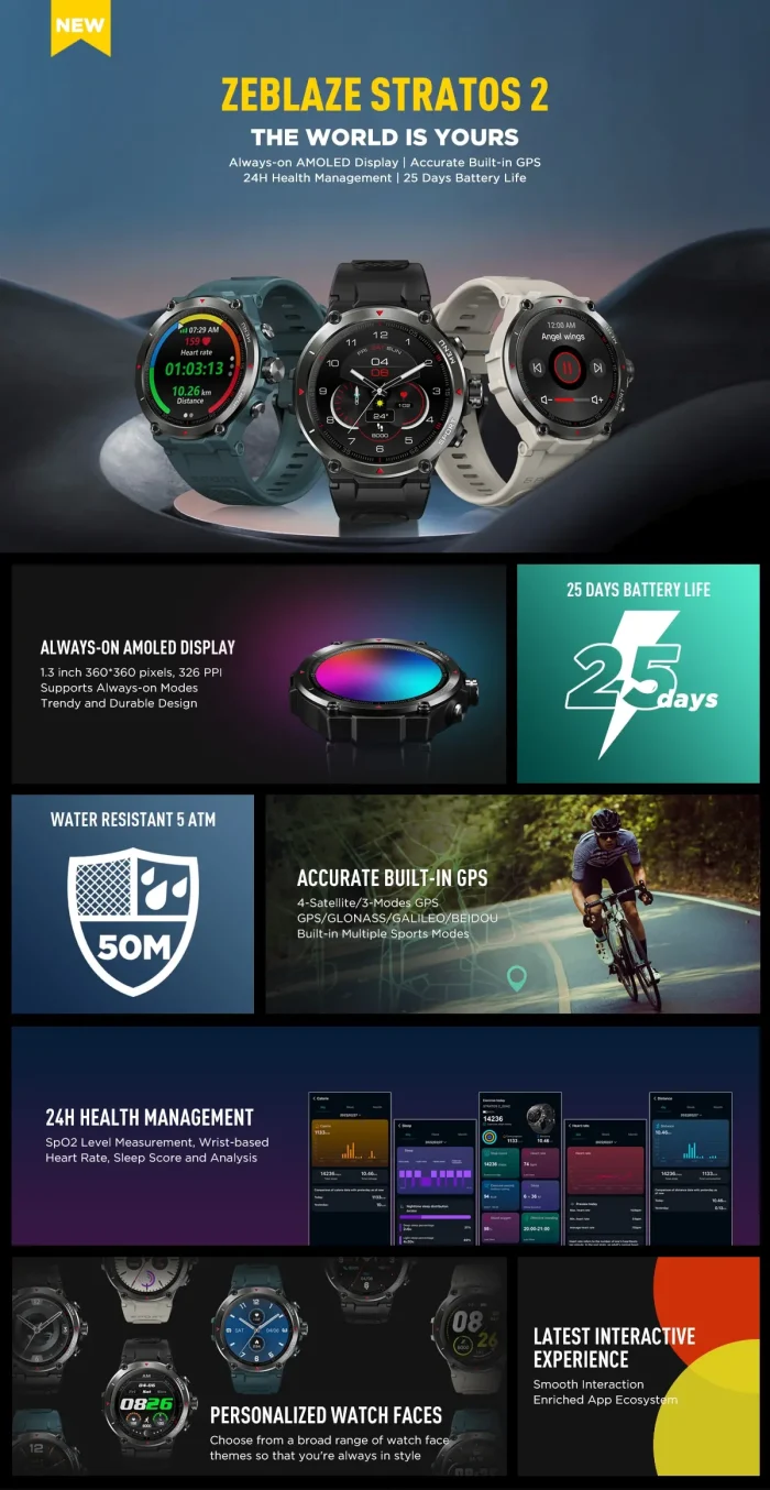 Zeblaze Stratos 2 GPS Smart Watch AMOLED Display 24h Health Monitor 5 ATM Long Battery Life Smartwatch for Men - Image 13