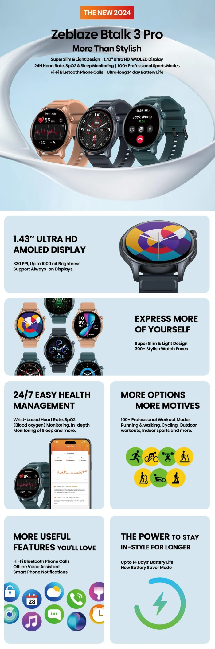 [2024 World Premiere] Zeblaze Btalk 3 Pro Smart Watch AMOLED Display Hi-Fi Bluetooth Phone Calls Health and Fitness Tracking - Image 10