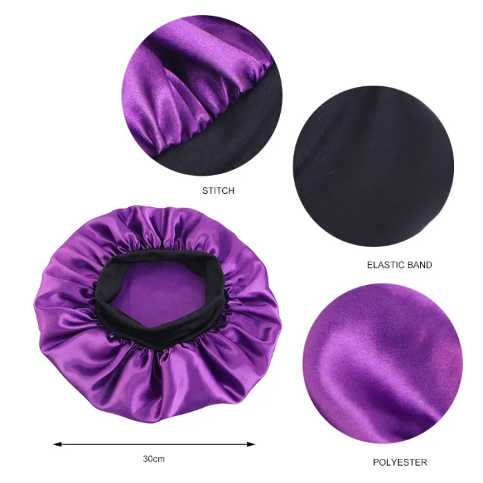 Women's Satin Solid Bonnets Wide-brimmed Night Sleeping Bathing Hat Unisex Head Wrap Elastic Band Cap Hair Care Bonnet - Image 2