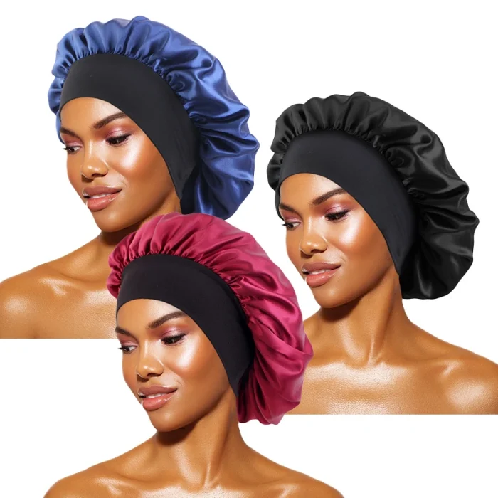 Women's Satin Solid Bonnets Wide-brimmed Night Sleeping Bathing Hat Unisex Head Wrap Elastic Band Cap Hair Care Bonnet - Image 7